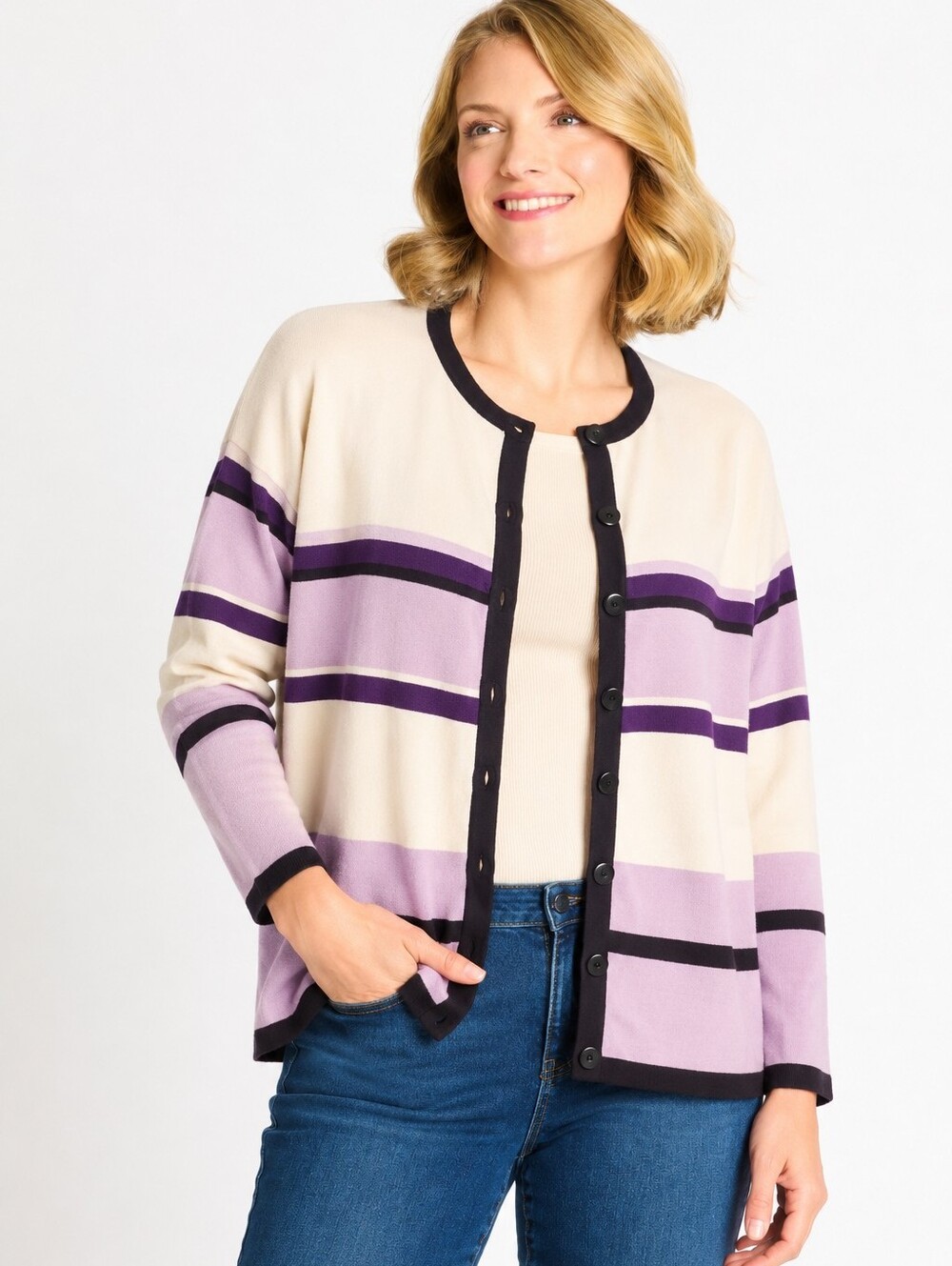 Dressbarn Women Size 14/16 Purple Ivory Striped Button Front Cardigan Sweater